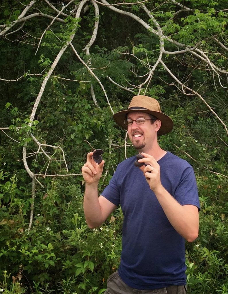 David The Good holding enterolobium seed pods in front of a enterolobium tree